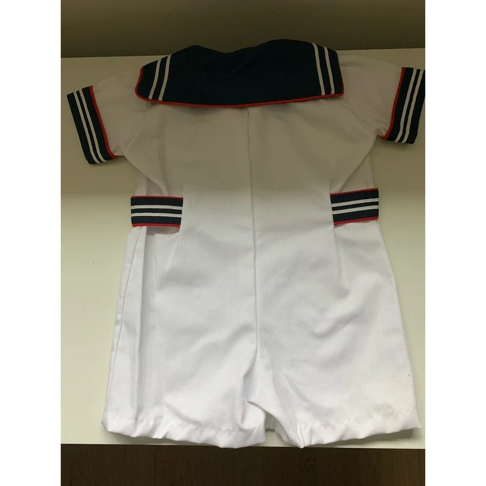 Vintage 1960s Outfit Sailor Suit White Navy Blue Collar Toddler Size 4T Romper - Picture 4 of 8